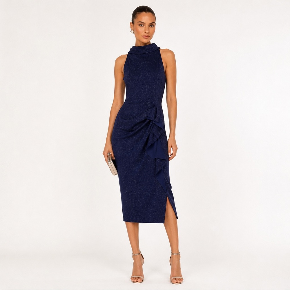 Chiara Boni Navy Ruffle Draped Midi Dress Wedding Guest Cocktail Size 44/8